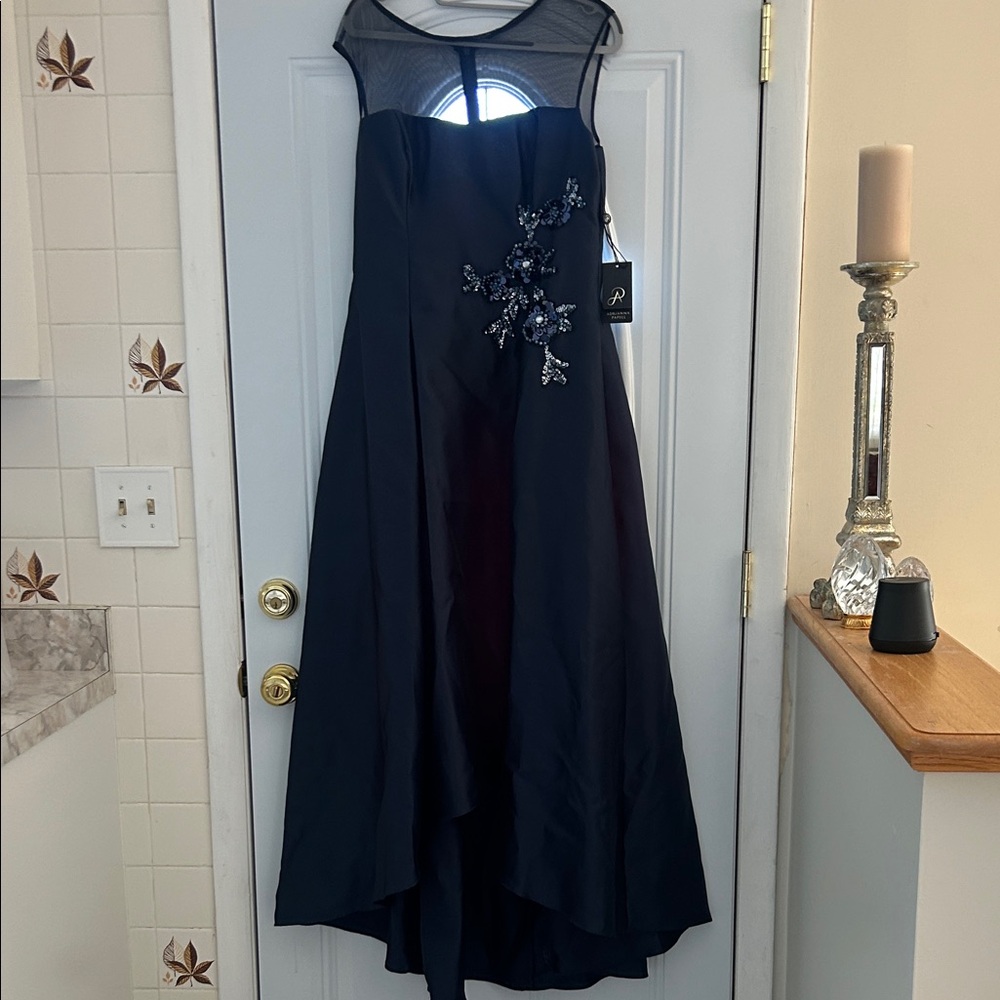 Adrianna Papell Navy High Low Dress with Floral Embellishments